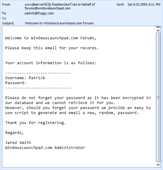 WindowsLaunchpad.com Welcome Email